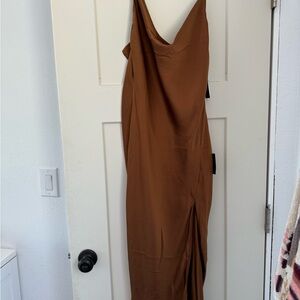 Brown Satin Cowl Neck Midi Slip Dress